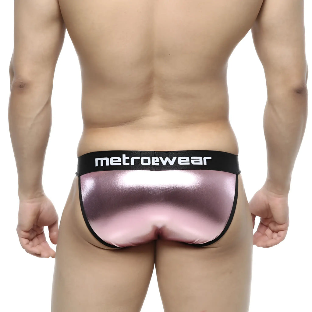Pink metallic leather briefs with black waistband featuring metrowear logo from metromalewear model 3004-F02