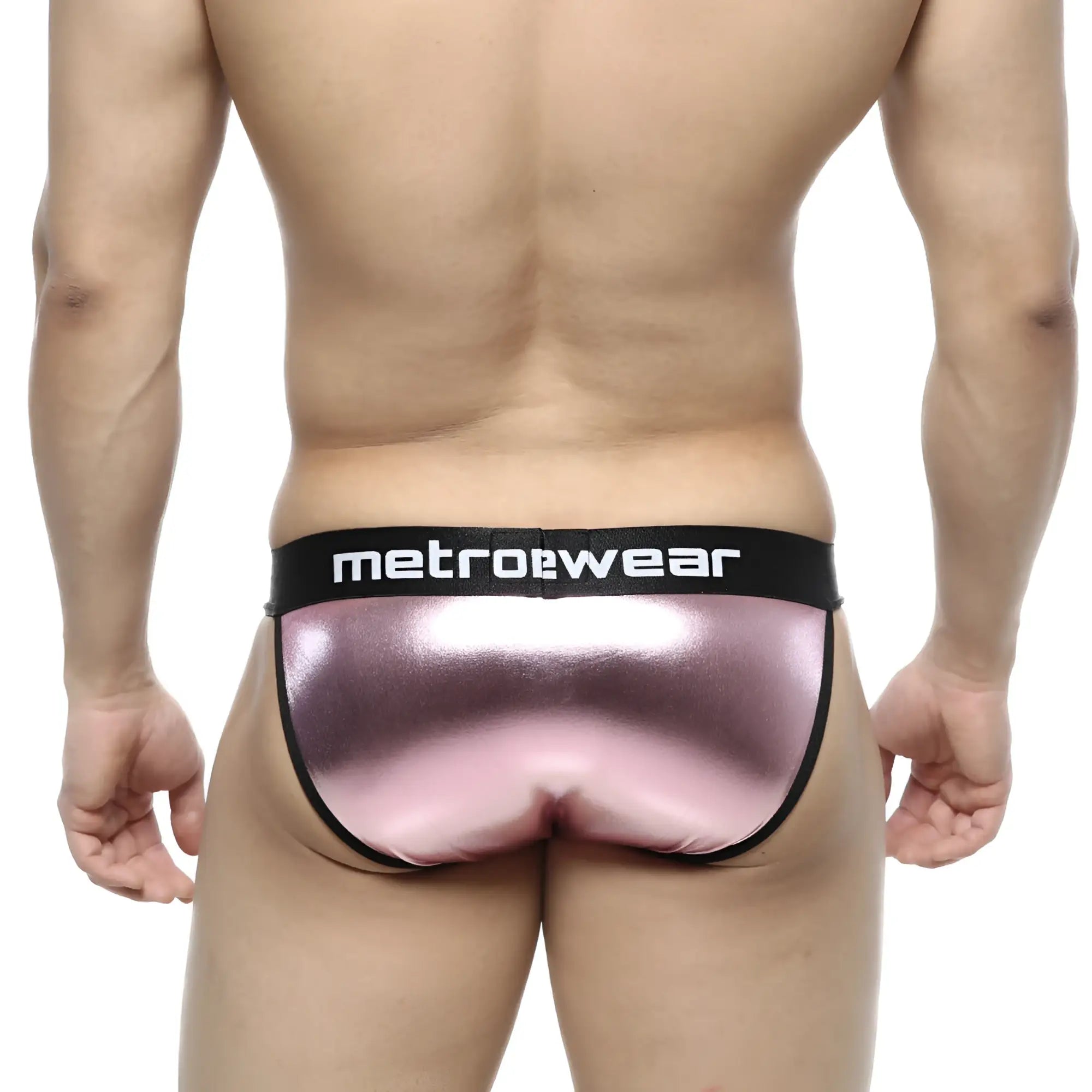 Pink metallic leather briefs with black waistband featuring metrowear logo from metromalewear model 3004-F02