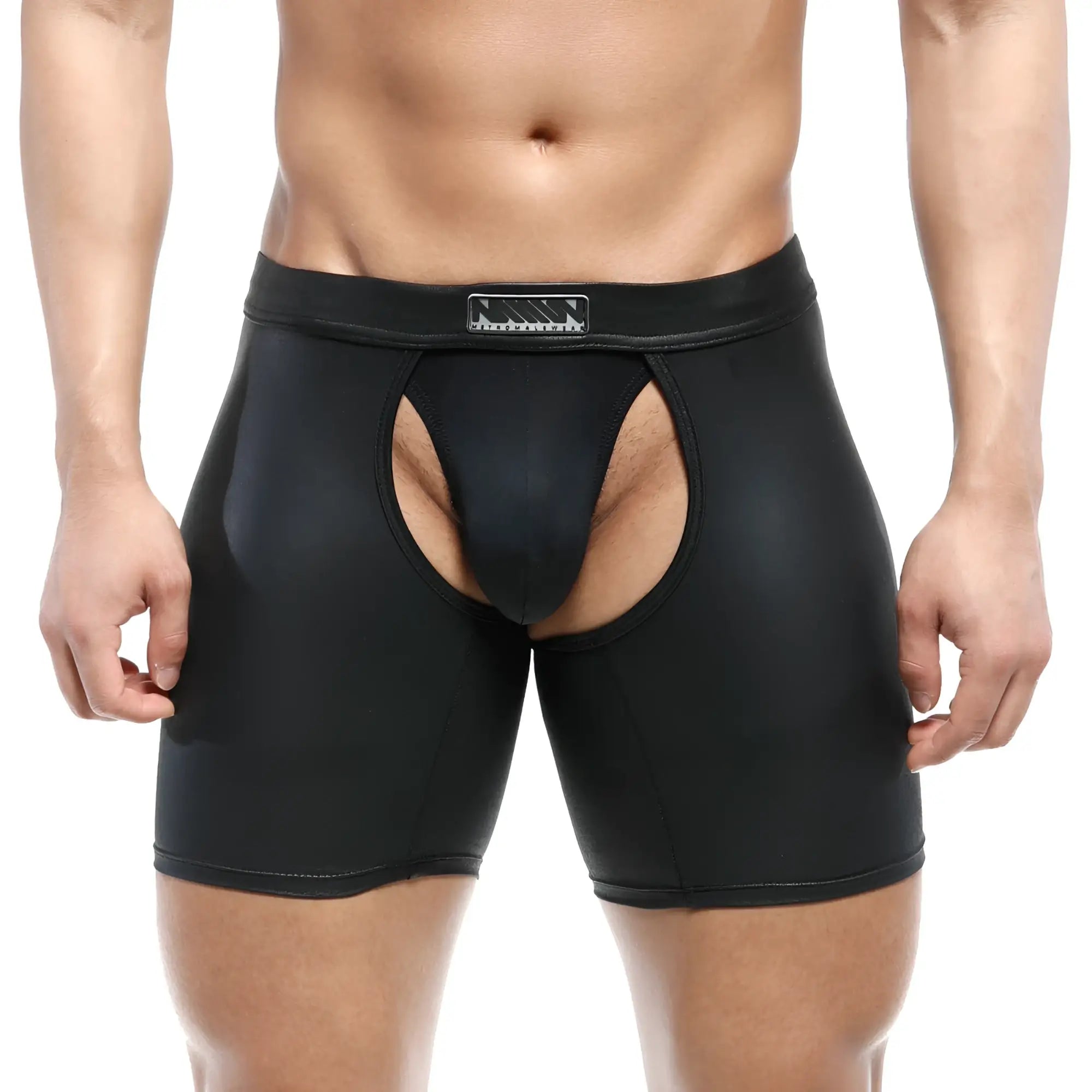Black glossy faux leather briefs with central cutout and rectangular logo patch on waistband metroMalewear leather chaps 0011