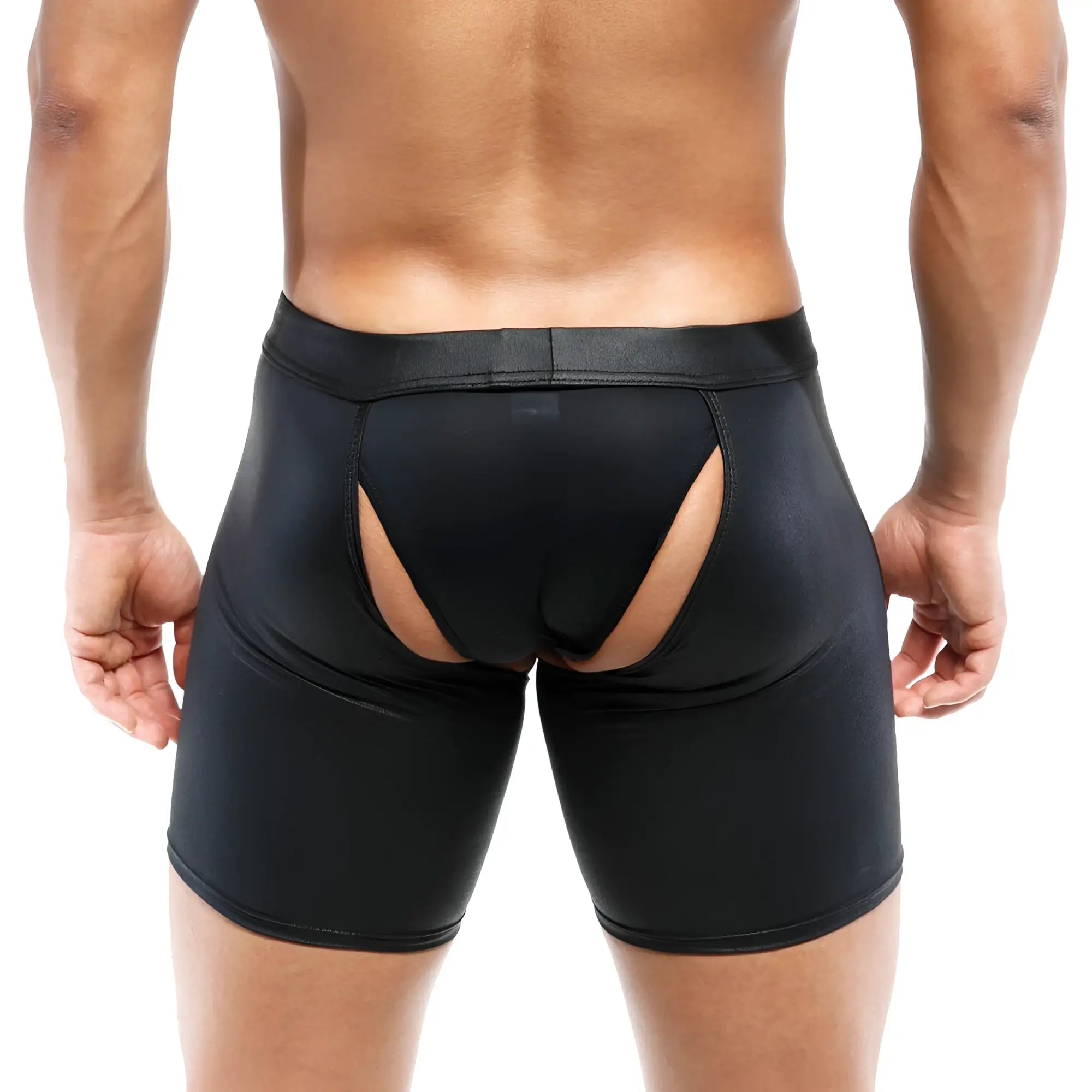 Black form-fitting leather briefs with glossy finish and distinctive cutout design at the back by metromalewear
