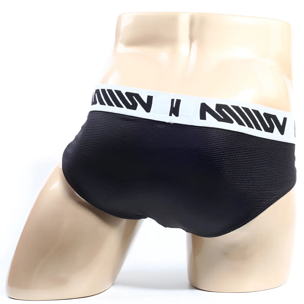 Black mesh briefs with white elastic waistband featuring bold black lettering metro male wear leather hip brief