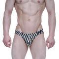 Black and cream zebra-striped men’s briefs with a small logo on the waistband from Metromalewear