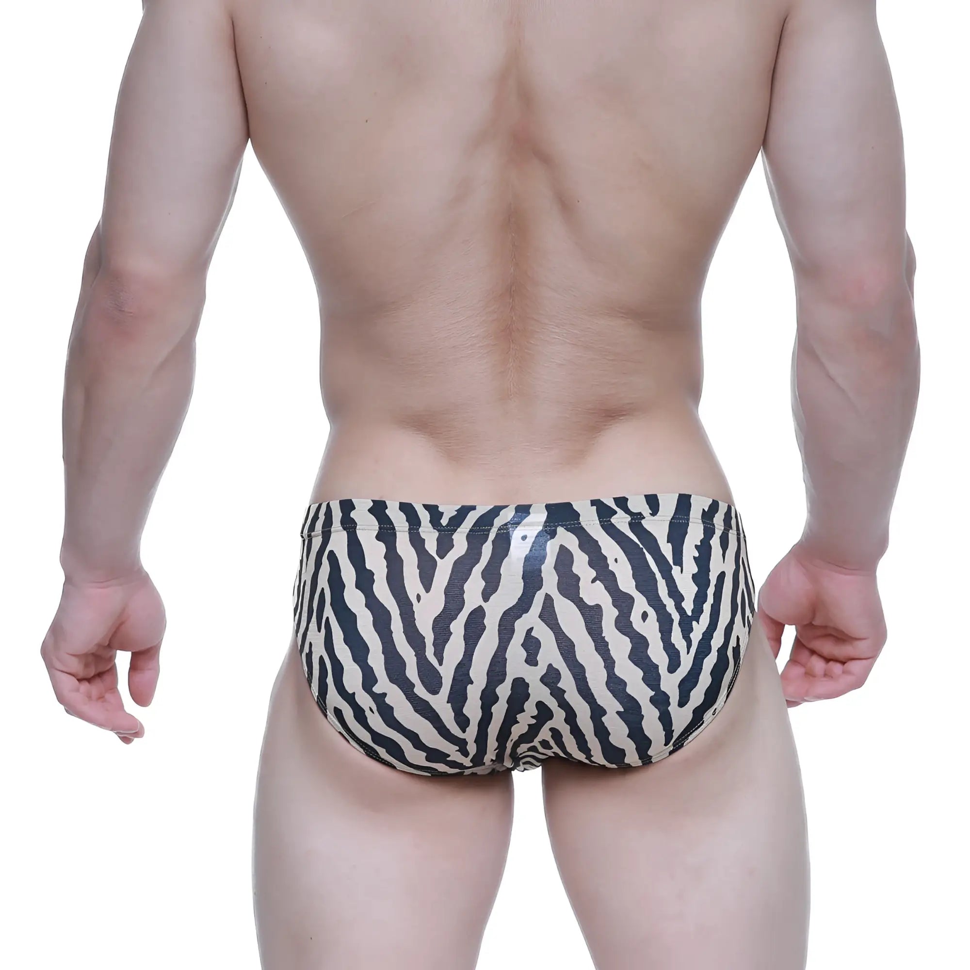 MetroMalewear black and white zebra-striped swim trunks designed for stylish beachwear and swimming activities