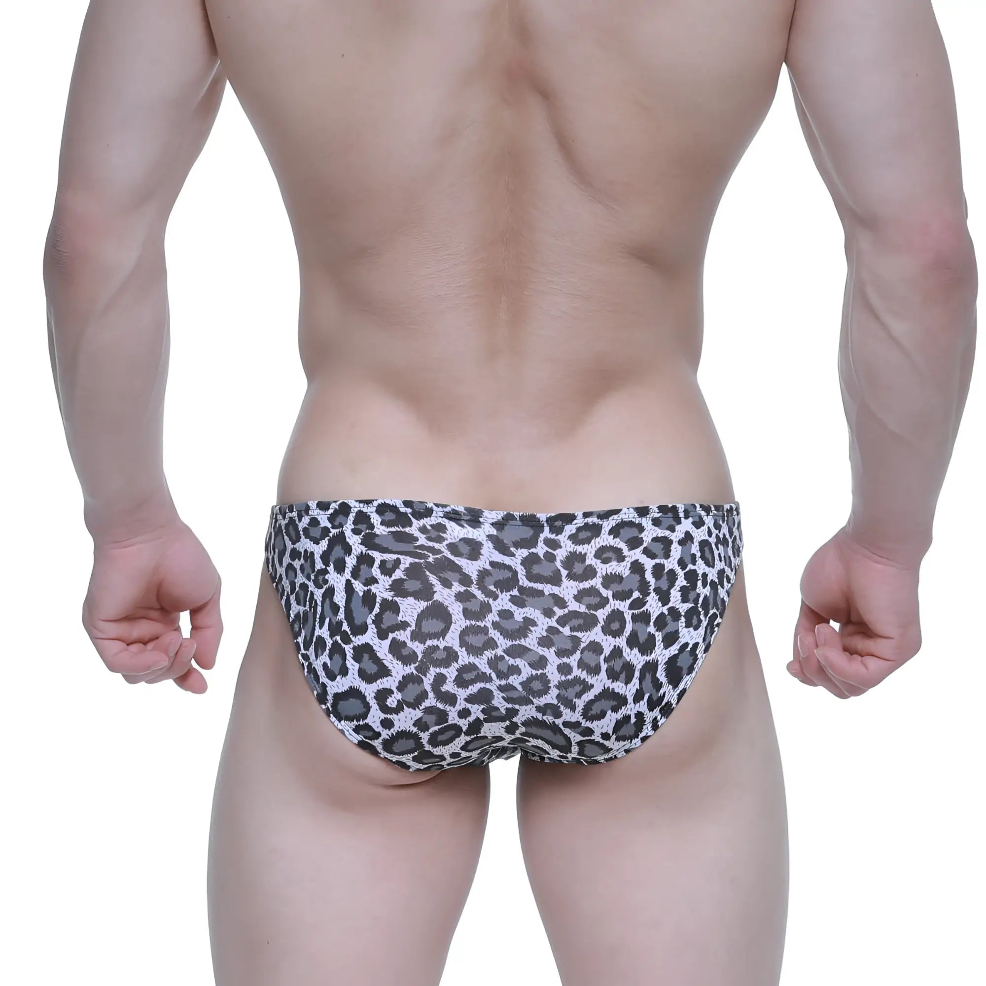 Black and white leopard-print swim trunks metroMalewear leopard hip bikini suitable for beach and pool use