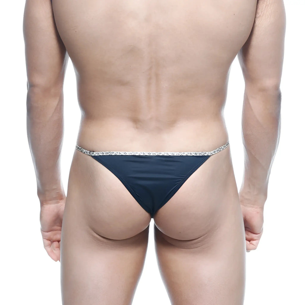 Black thong with sparkling silver trim from metromalewear leopard string bikini 2105-20 showing front side