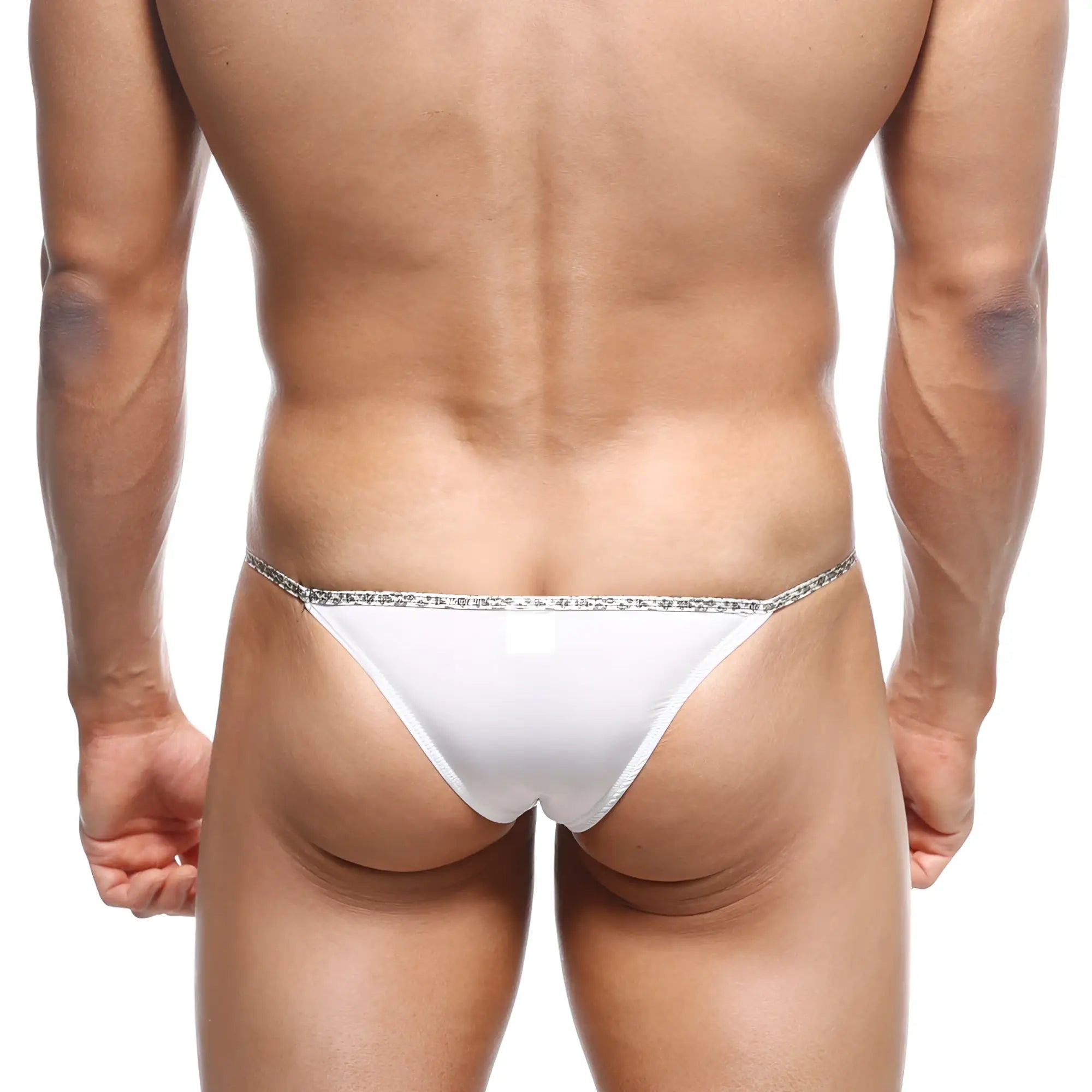 White thong with sparkling silver trim along the waistband from metromalewear leopard string bikini white 2105-00