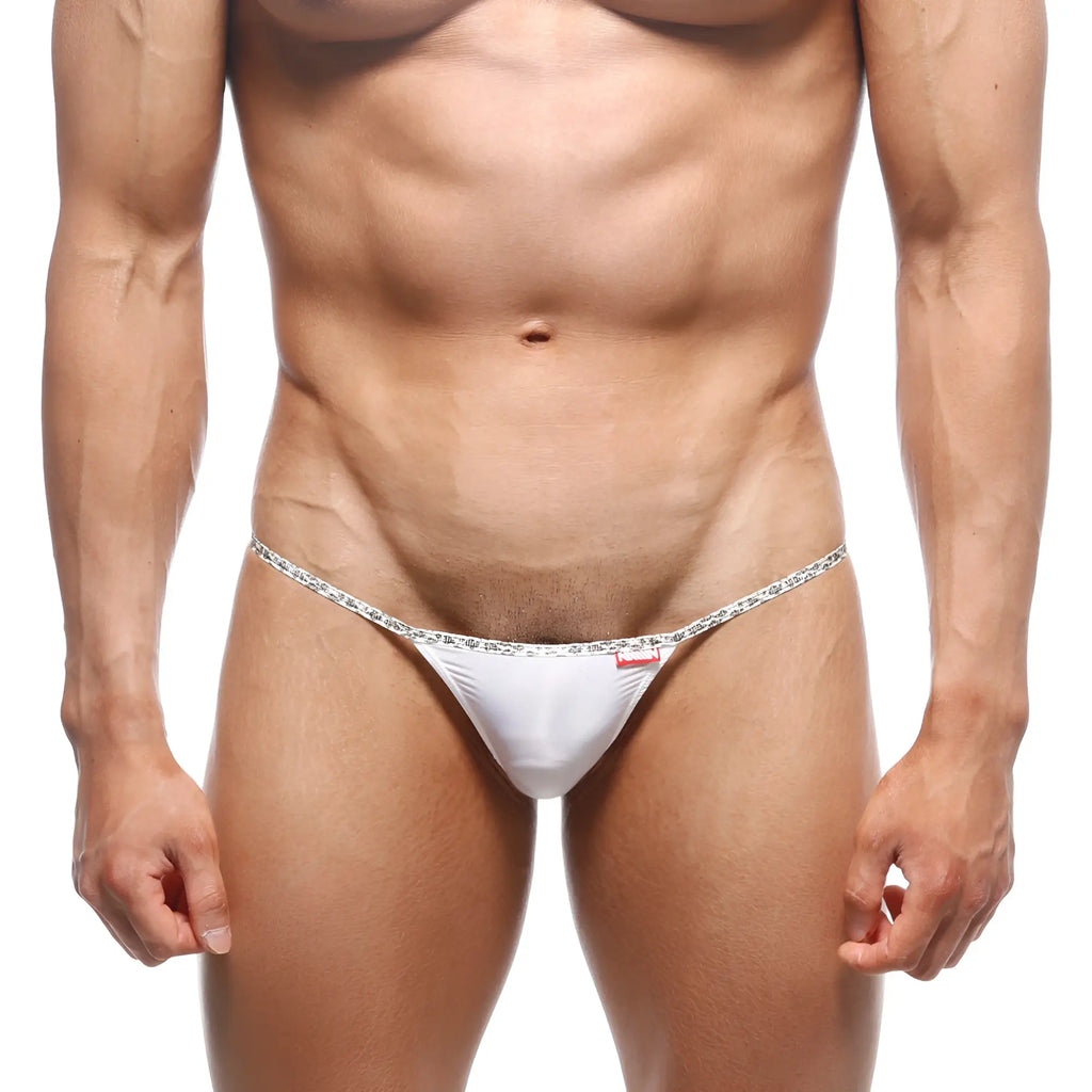 White metro malewear leopard thong featuring a decorative patterned waistband and comfortable thong design