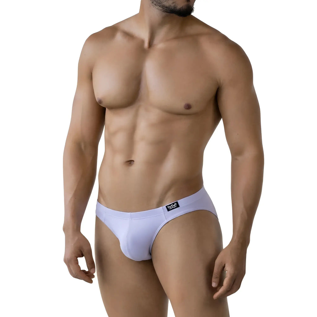 White men’s briefs metro malewear lilac bikini 5103-m04 with black logo waistband in front view