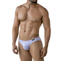 White men’s briefs metro malewear lilac bikini 5103-m04 with black logo waistband in front view