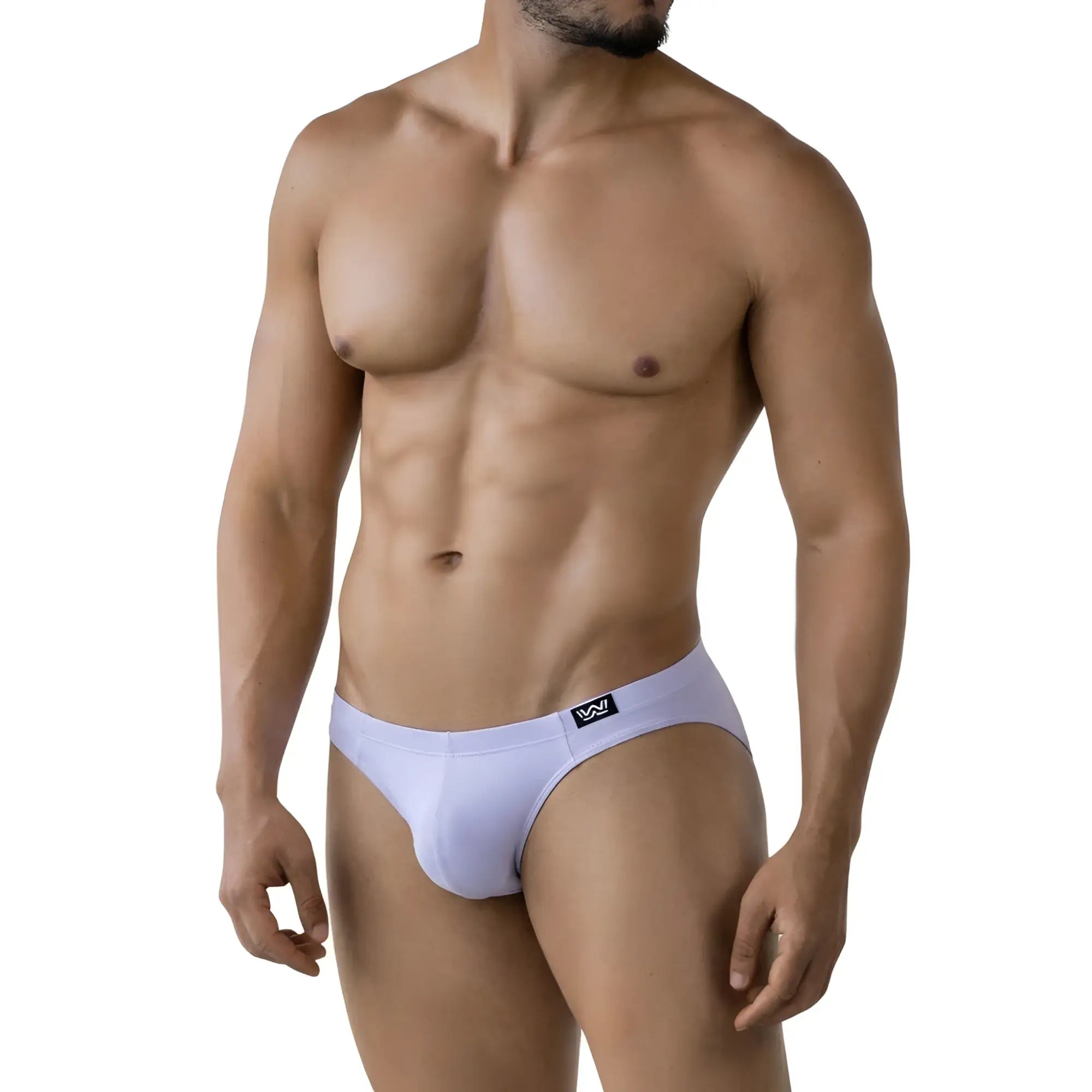 White men’s briefs metro malewear lilac bikini 5103-m04 with black logo waistband in front view