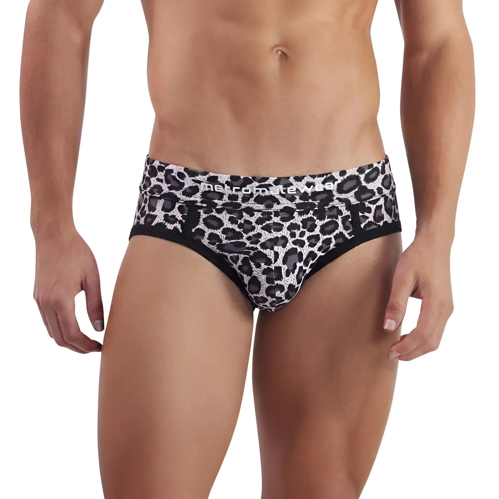 MetroMaleWear limited edition black and white leopard-print men’s briefs with black trim style 5203-66