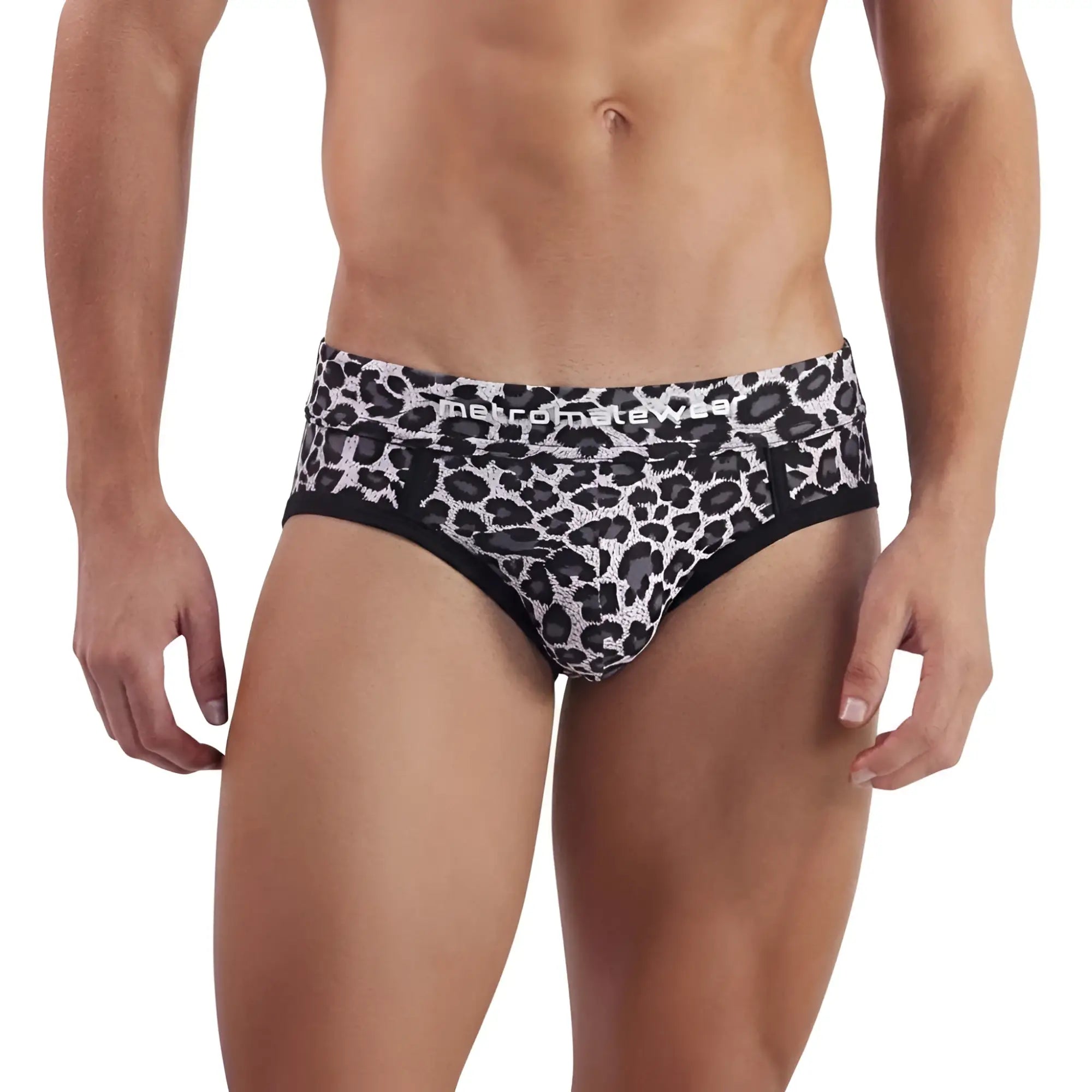 MetroMaleWear limited edition black and white leopard-print men’s briefs with black trim style 5203-66
