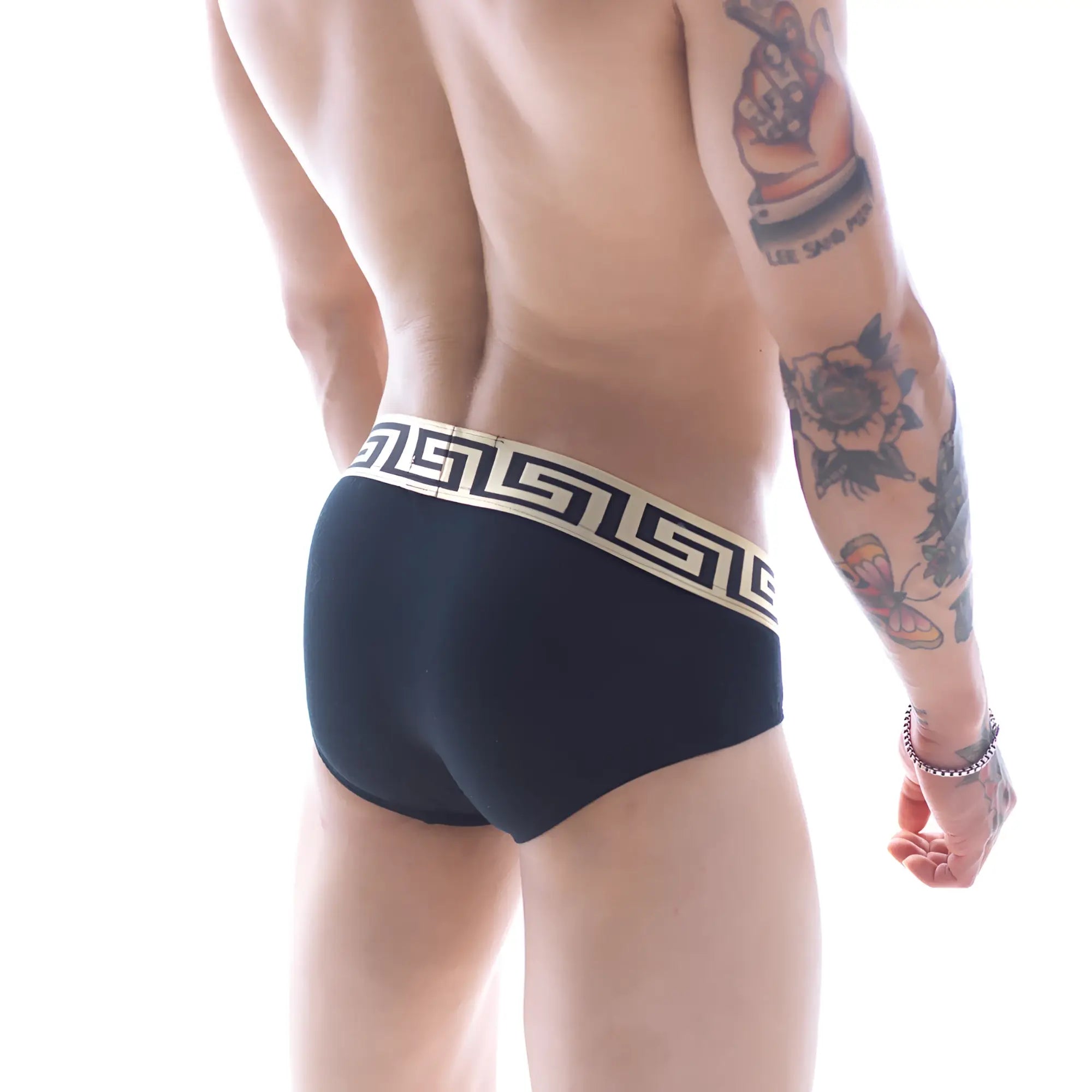 Black MetroMaleWear limited edition Grid hip brief with cream greek key patterned waistband for comfortable support