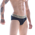 Black MetroMaleWear limited edition Grid hip briefs featuring a cream Greek key patterned waistband