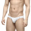 MetroMaleWear linea bikini 5103-19 white briefs with black vertical pinstripes and a small waistband brand tag