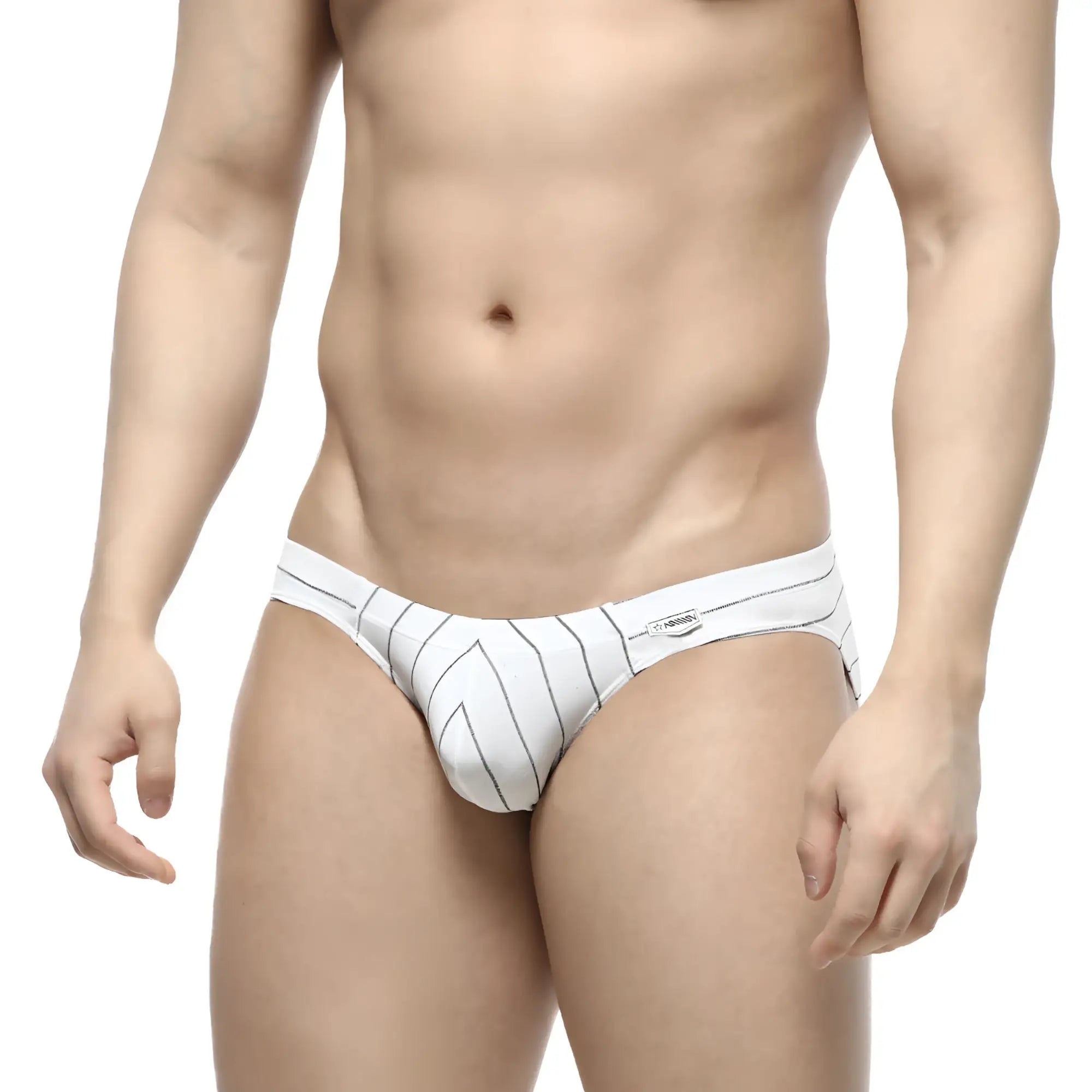 MetroMaleWear linea bikini 5103-19 white briefs with black vertical pinstripes and a small waistband brand tag