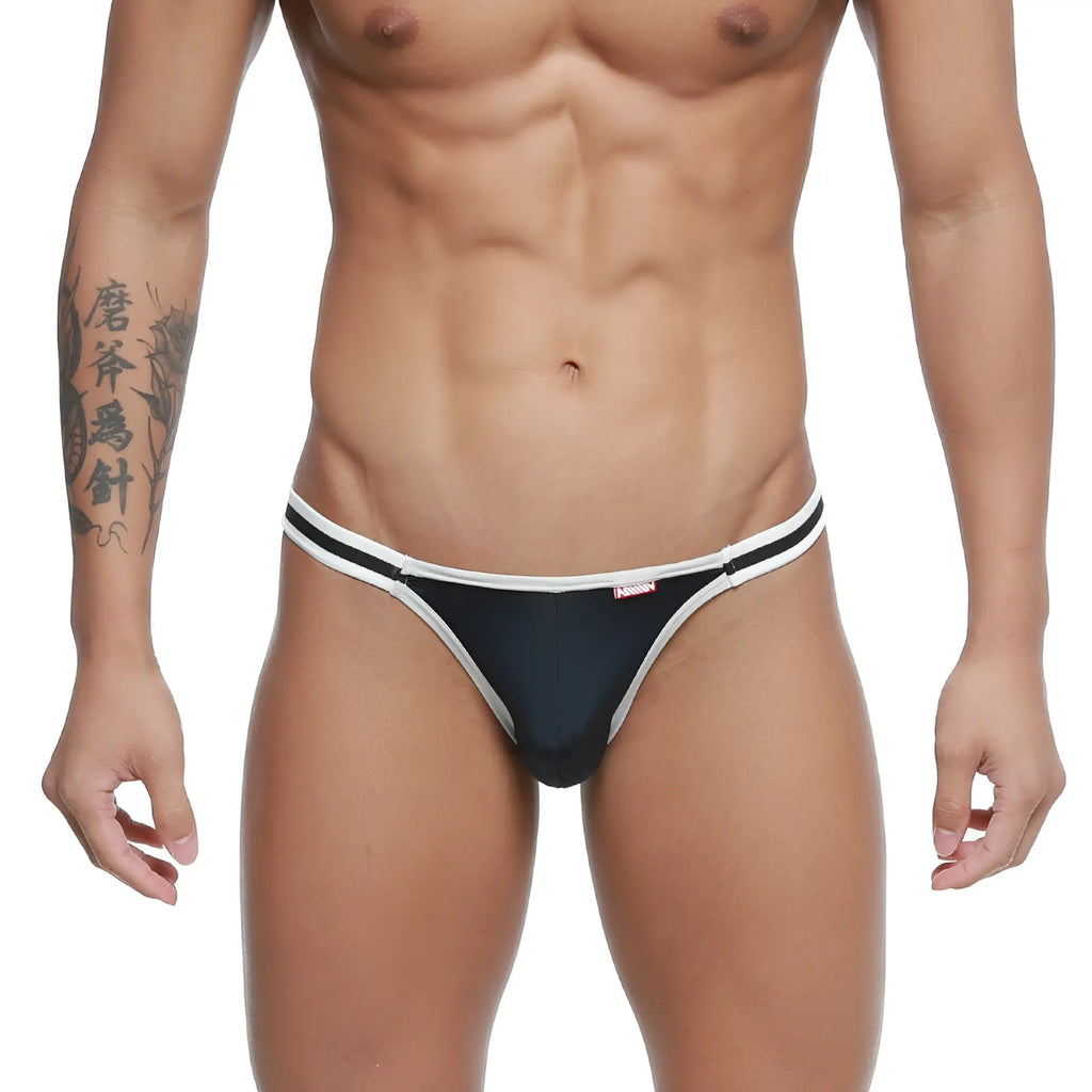 Black and white thong with sleek minimalist design from metromalewear link bikini dark blue collection front view