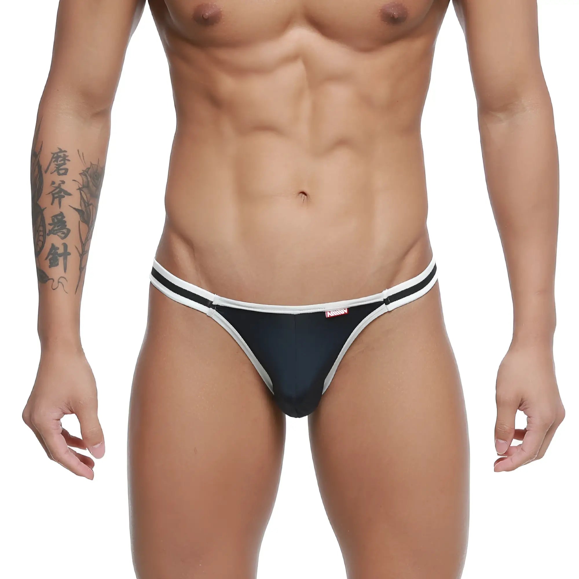 Black and white thong with sleek minimalist design from metromalewear link bikini dark blue collection front view