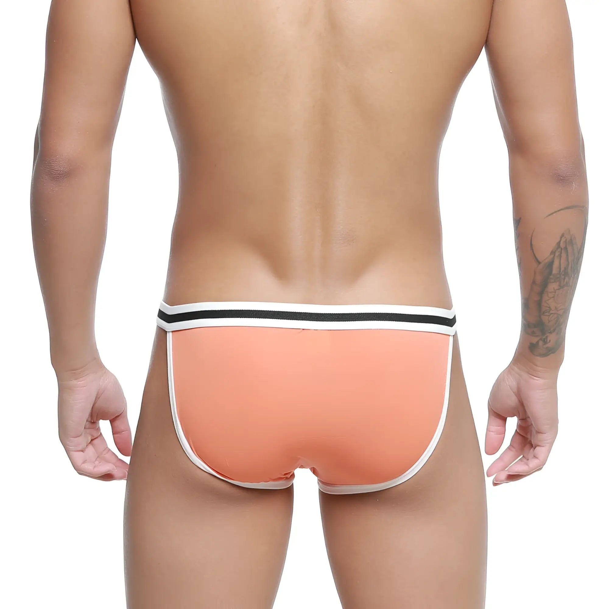 Coral-colored metro male wear link bikini briefs with white and black striped waistband in orange 3605-14 design