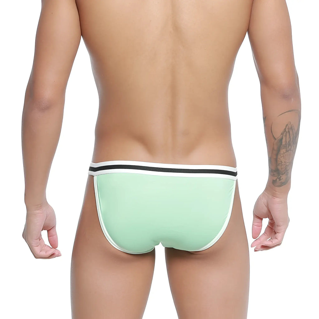 Mint green metroMalewear link bikini briefs with black and white striped waistband in soft breathable fabric