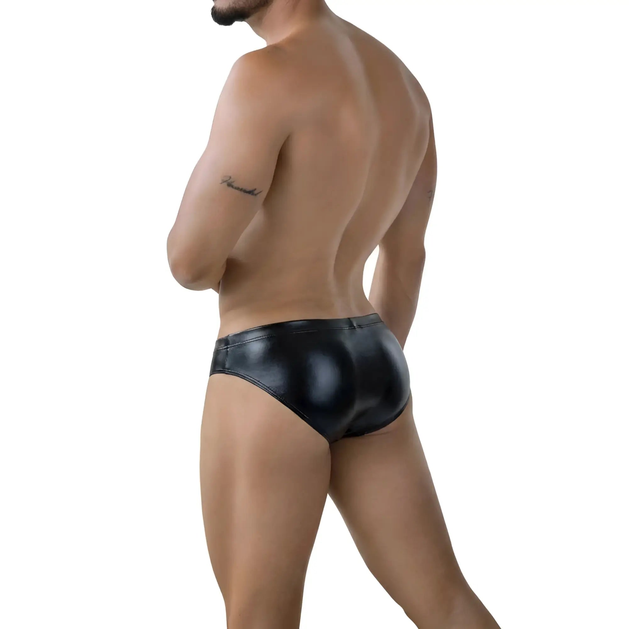 Black shiny faux leather briefs metroMaleWear liquid bikini 5103-M82 front view with sleek liquid finish
