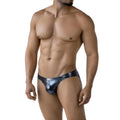 Shiny metallic blue liquid bikini briefs with sleek form-fitting design from MetroMaleWear model 5103-M82