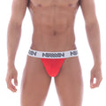 Red athletic briefs metroMaleWear lleno thong with white waistband and gray logo pattern front view