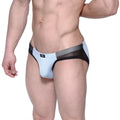 Light blue and black mesh briefs with a sleek modern design from MetroMaleWear Lobo Hip Brief 5303-08