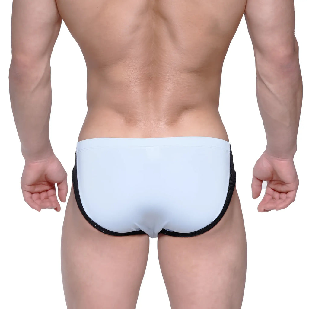 Light blue metro male wear lobo hip brief swim trunks with black trim designed for comfortable swimwear use
