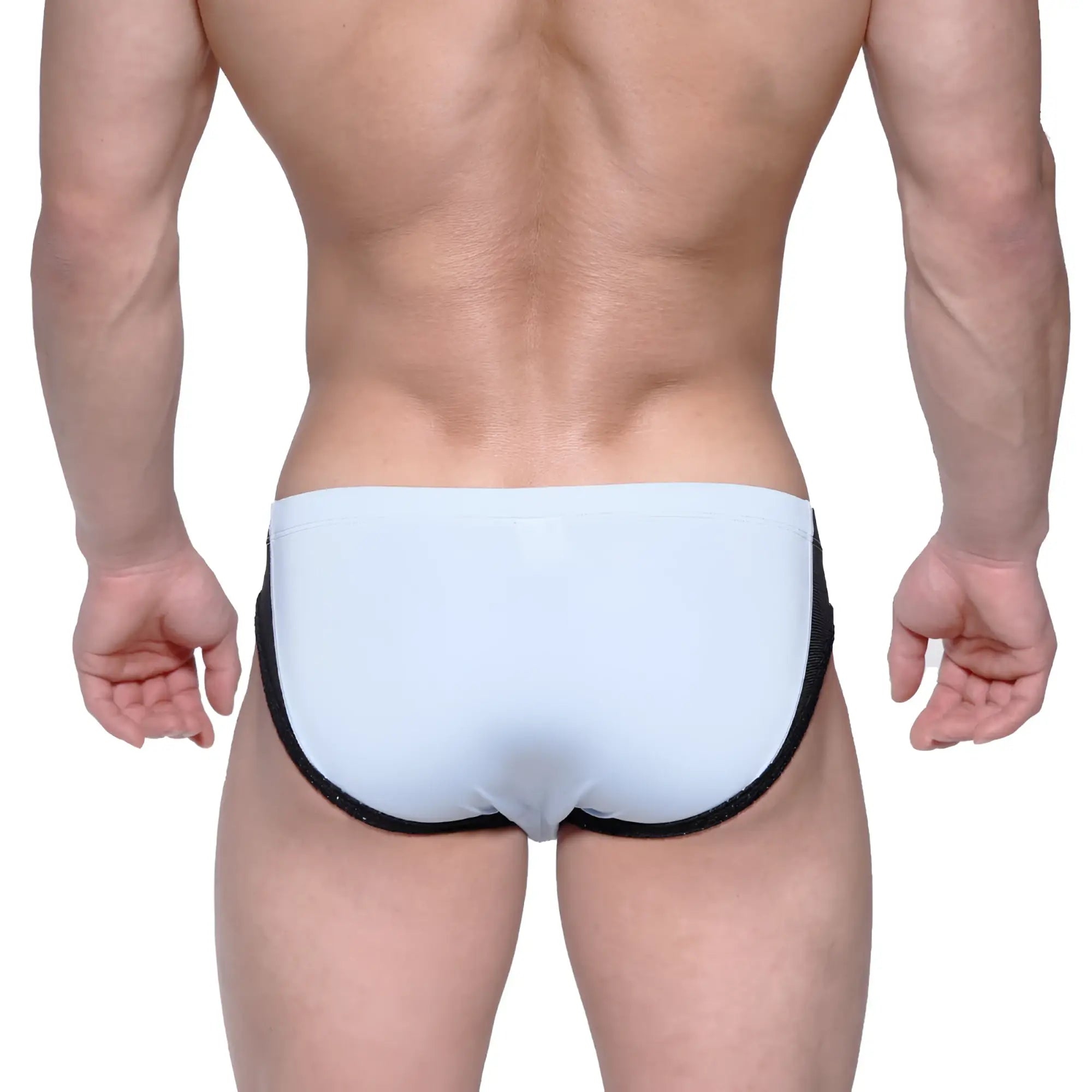Light blue metro male wear lobo hip brief swim trunks with black trim designed for comfortable swimwear use