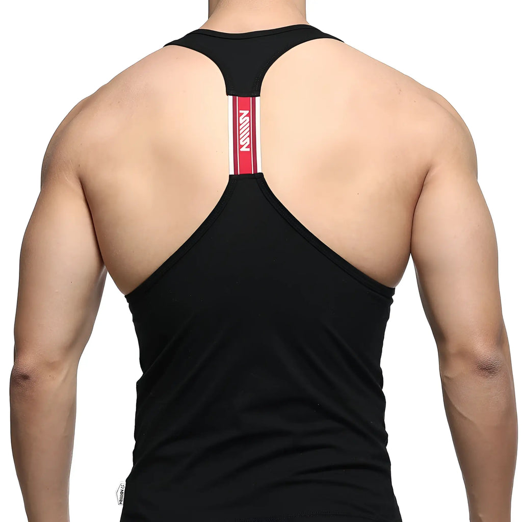 Back view of black metroMalewear racerback tank top with red and white vertical stripe down center of back