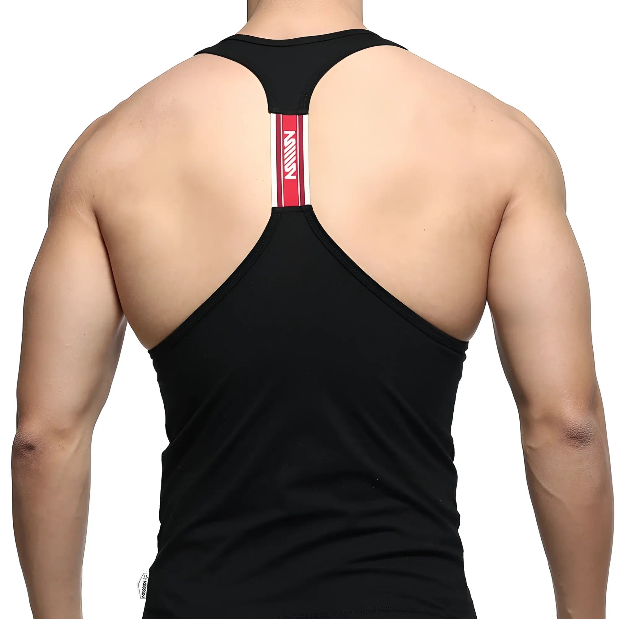 Back view of black metroMalewear racerback tank top with red and white vertical stripe down center of back