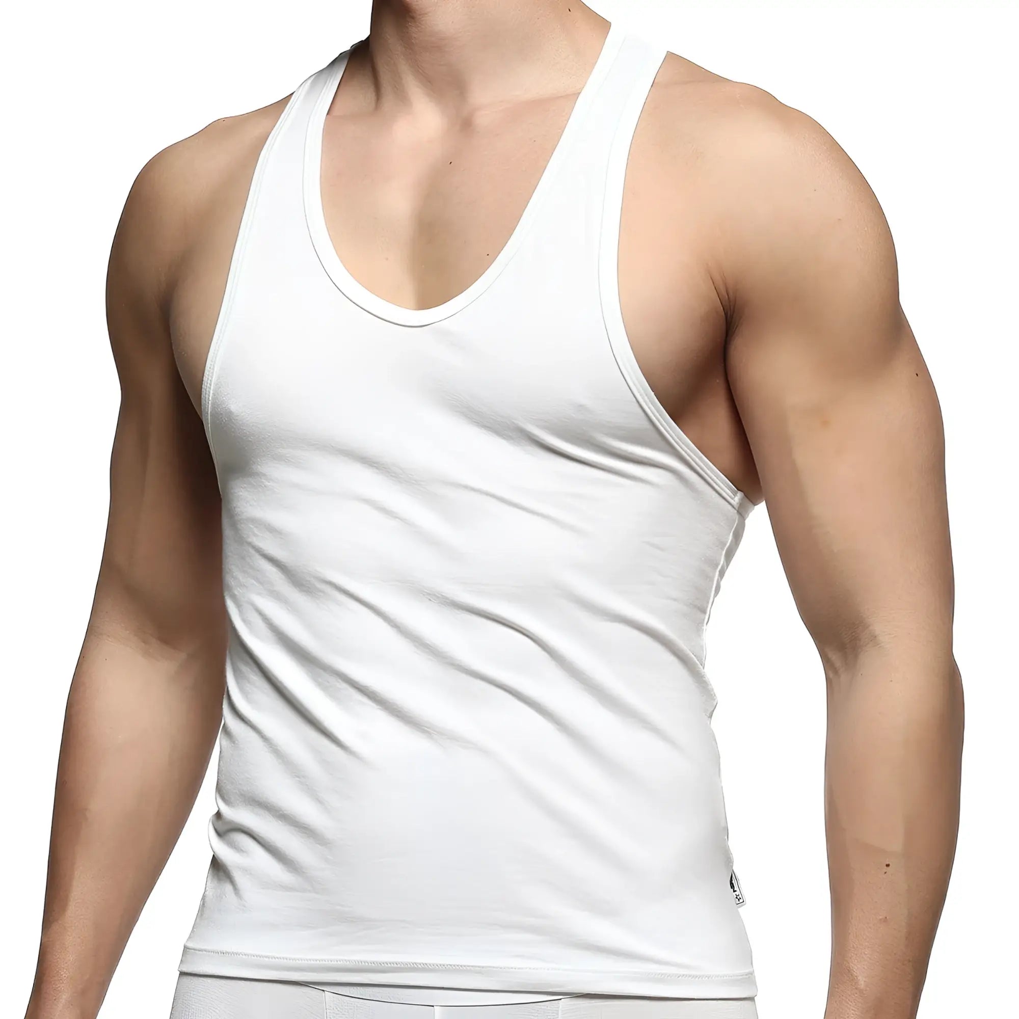 White cotton metro malewear tank top with scoop neckline and ribbed trim for casual wear