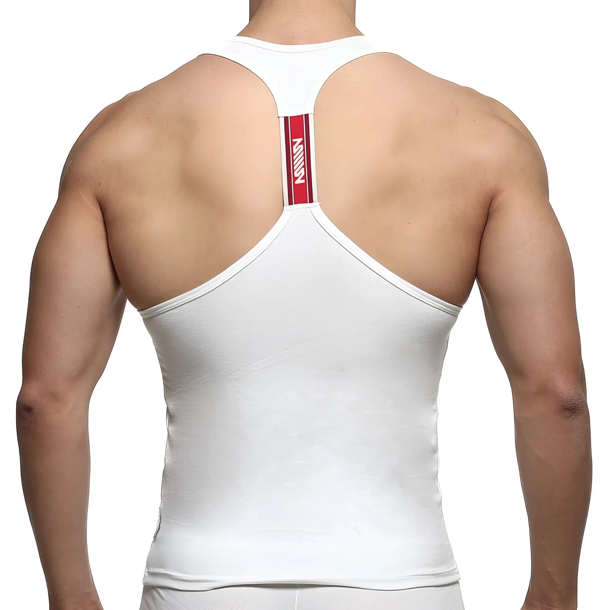 Back view of metroMalewear white racerback tank top with red vertical stripe and mann logo in white lettering