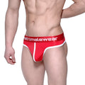 Red and white mens briefs with a shiny elastic waistband featuring the metromalewear logo metroMalewear loreto g-string crimson 2722-13