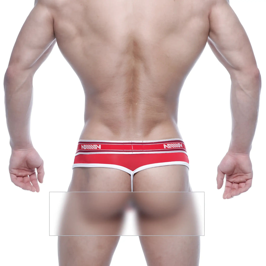 Red and white metro male wear loreto g-string featuring sleek design with manny brand name on the waistband