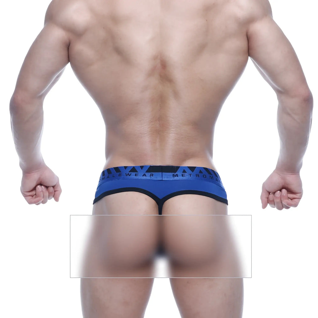MetroMaleWear Loreto G-string royal blue athletic briefs with bold black geometric pattern waistband for activewear