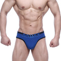 Blue MetromaleWear Loreto G-string briefs with black trim and branded waistband showing front view