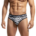 Black and white zebra print mens briefs with black metro male wear waistband in a metro male wear loreto g string design