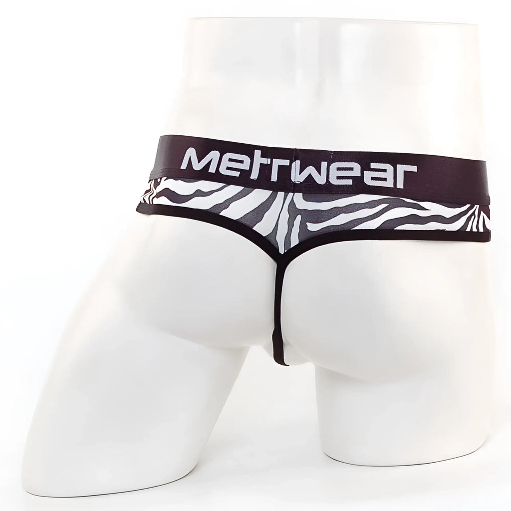 MetroMaleWear Loreto G-string zebra print thong with black waistband featuring brand name in white lettering front view