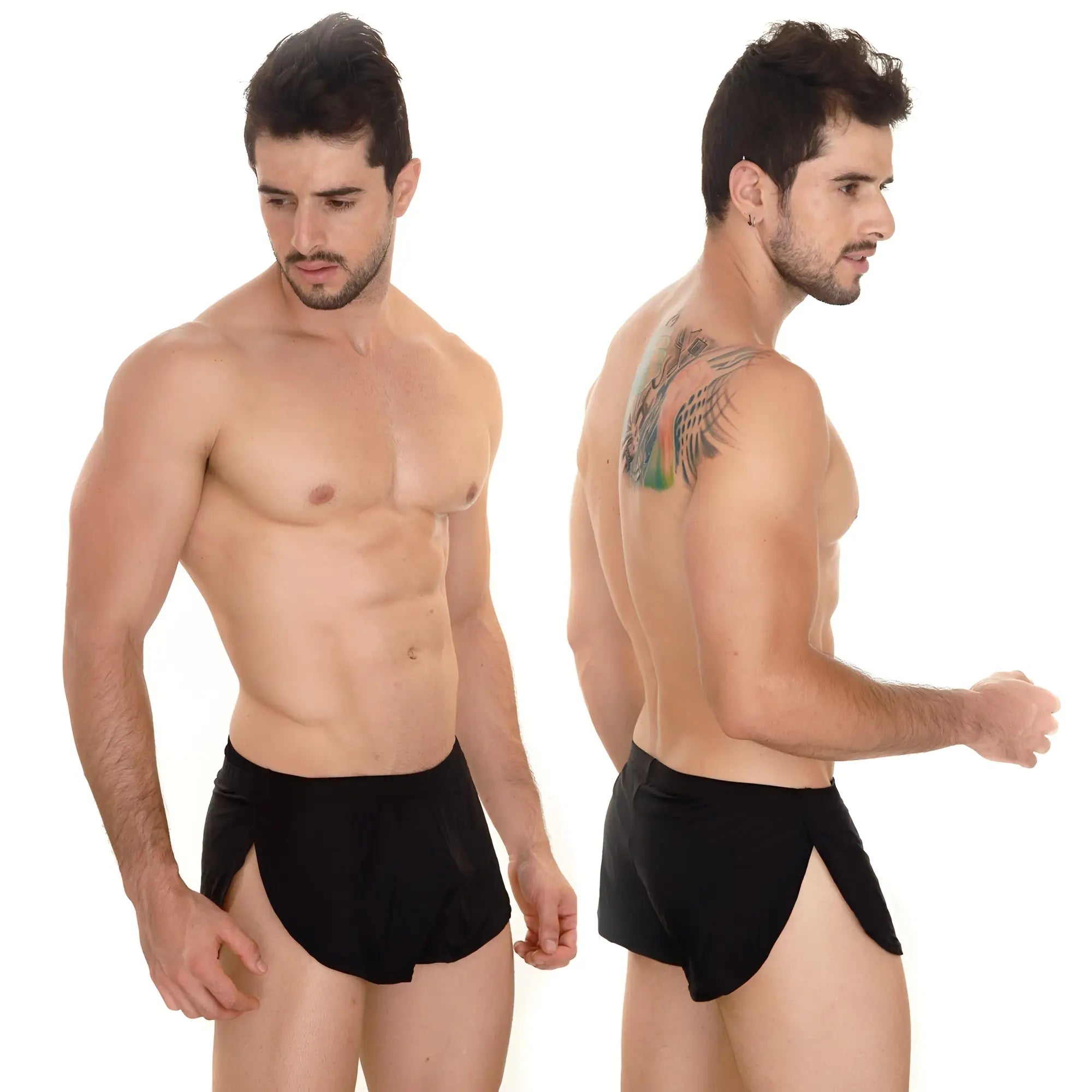 Black athletic lounge shorts with side slit design from MetroMaleWear made for comfort and style
