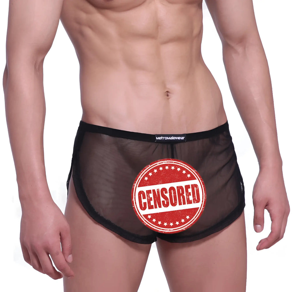 Black sheer mesh briefs with black elastic waistband branded metromalewear from metro malewear lounge split boxer black mesh 2008-71