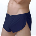 Navy blue metroMalewear lounge split boxer briefs with sleek form-fitting design and side slits for comfort