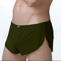 Dark olive green metroMalewear lounge split boxer briefs with sleek form-fitting design and black waistband logo