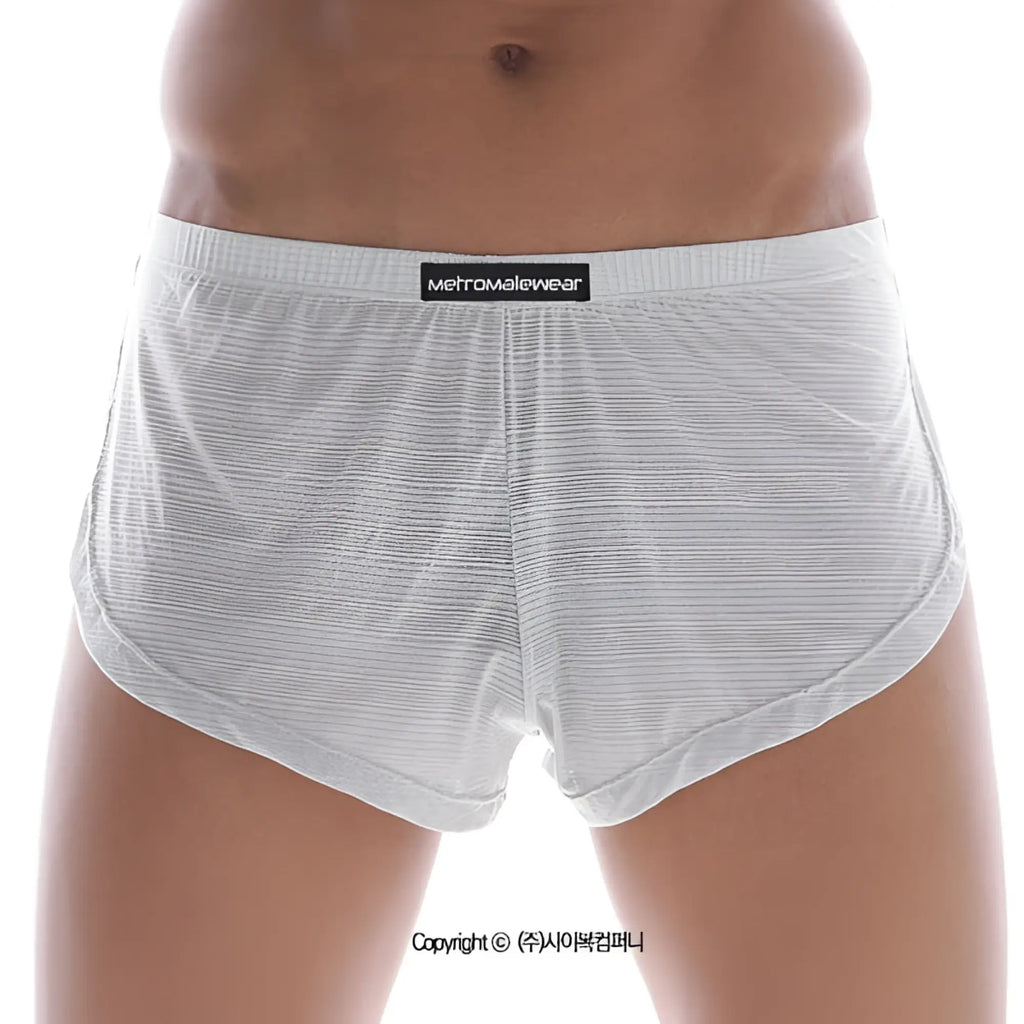 White striped mens briefs with black metromalewear label on waistband from metromalewear lounge split boxer sheer grey 2008-46