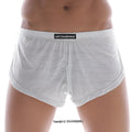 White striped mens briefs with black metromalewear label on waistband from metromalewear lounge split boxer sheer grey 2008-46