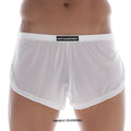 White sheer men’s briefs with black waistband and metromalewear label metro male wear lounge split boxer white 2008-00