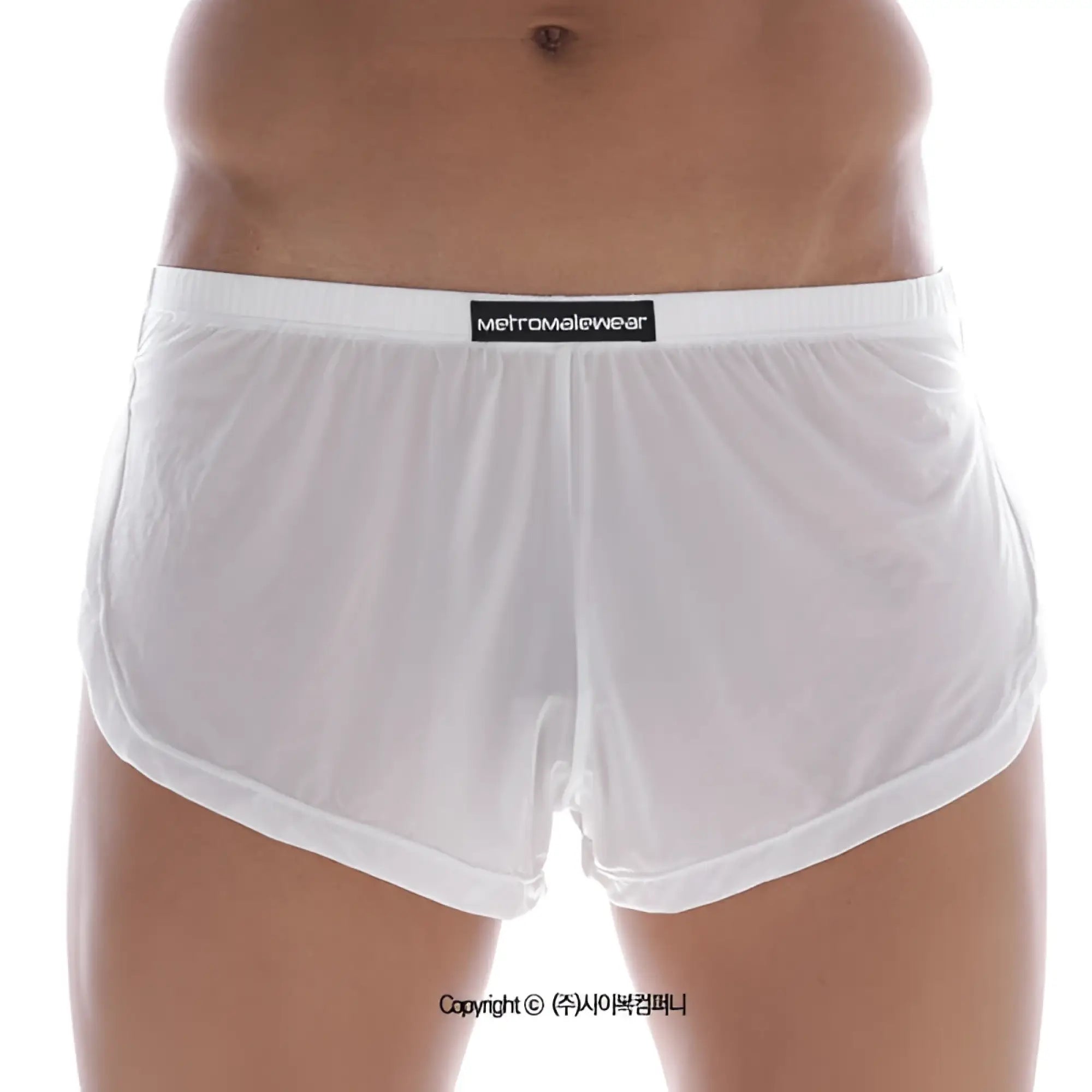 White sheer men’s briefs with black waistband and metromalewear label metro male wear lounge split boxer white 2008-00