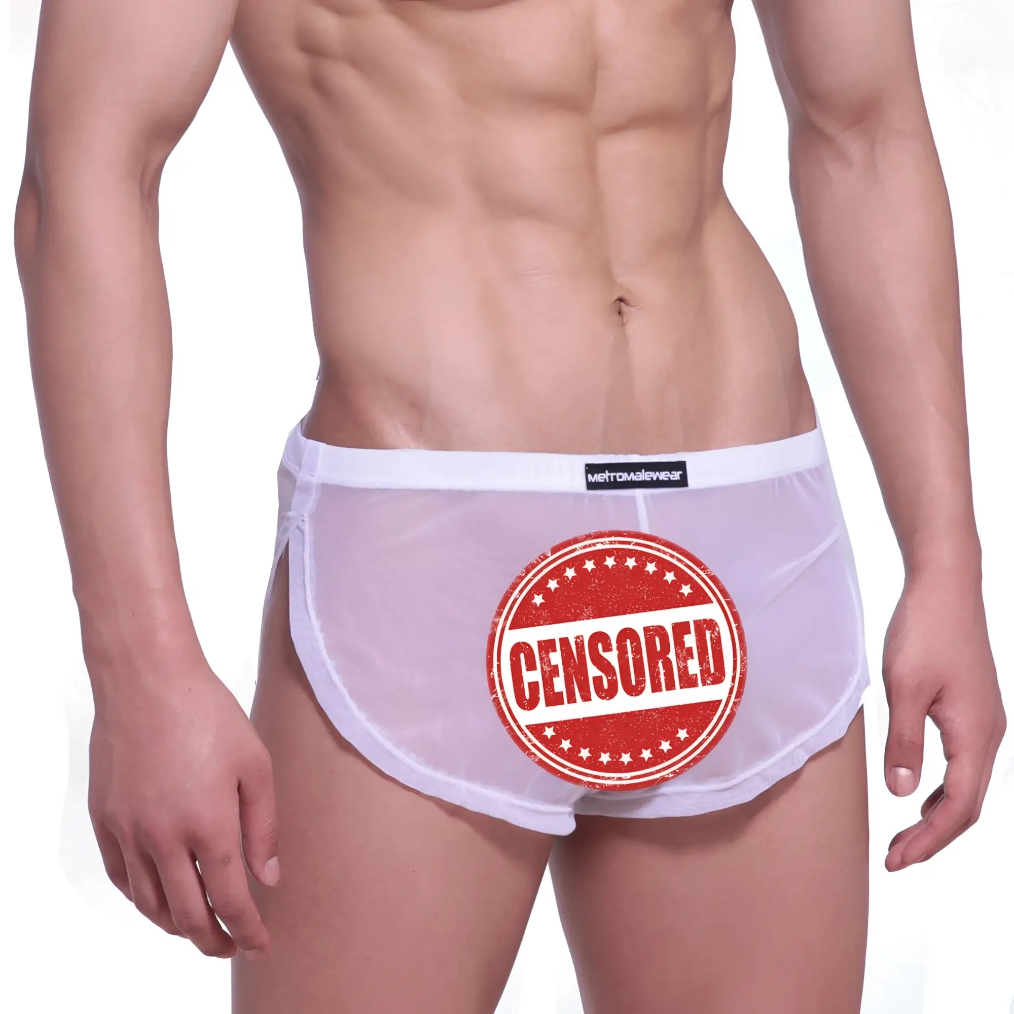 White mesh metro malewear lounge split boxer briefs with red censored stamp and black brand tag