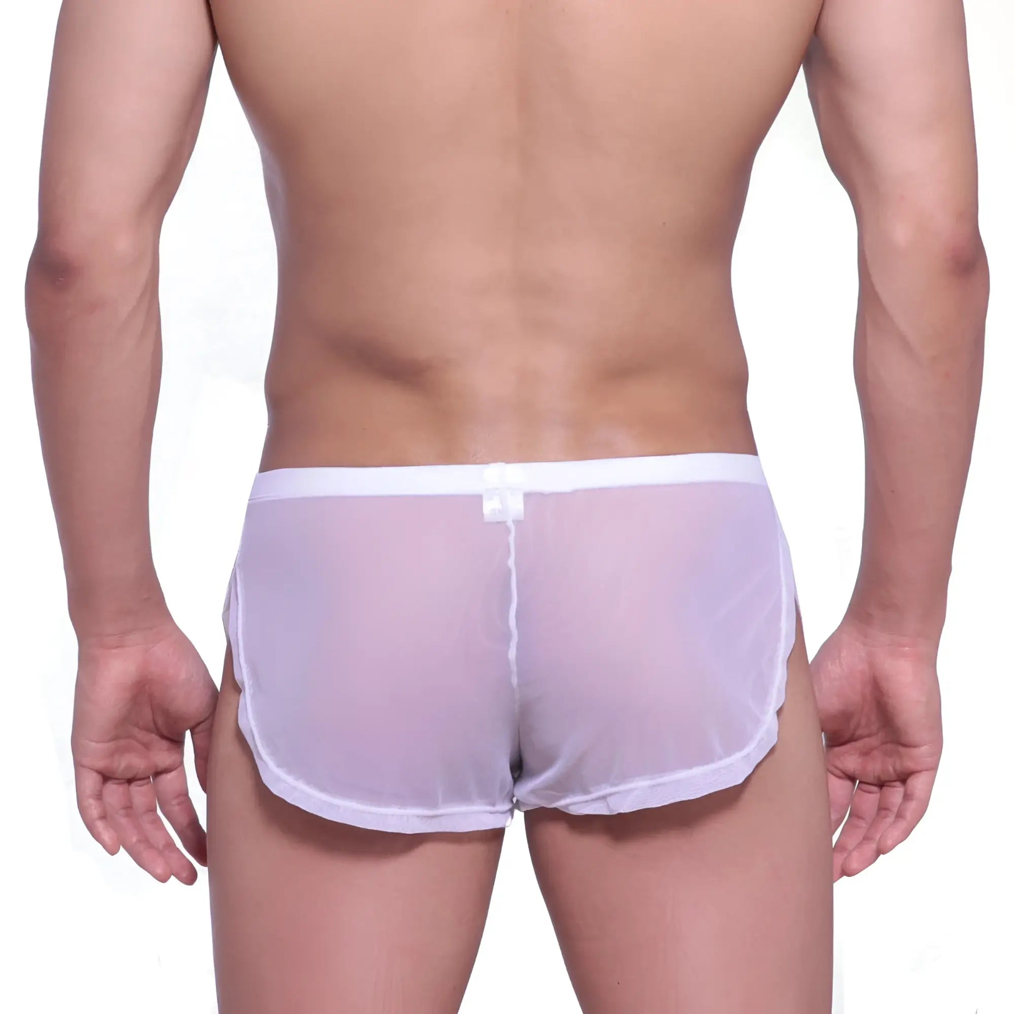 Metro male wear lounge split boxer white mesh 2008-72 white sheer mesh briefs with solid waistband front view